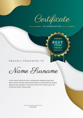 Koyu yeşil siyah ve altın sertifikalı, lüks rozetli ve modern çizgili sınır şablonu. Ödül, iş ve eğitim ihtiyaçları için