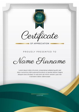 Koyu yeşil siyah ve altın sertifikalı, lüks rozetli ve modern çizgili sınır şablonu. Ödül, iş ve eğitim ihtiyaçları için