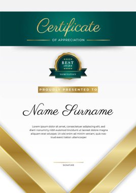 Koyu yeşil siyah ve altın sertifikalı, lüks rozetli ve modern çizgili sınır şablonu. Ödül, iş ve eğitim ihtiyaçları için