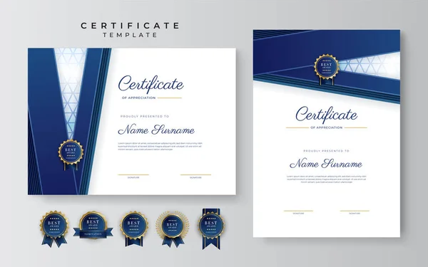 Modèle Frontière Certificat Réussite Bleu Avec Badge Luxe Motif Ligne — Image vectorielle