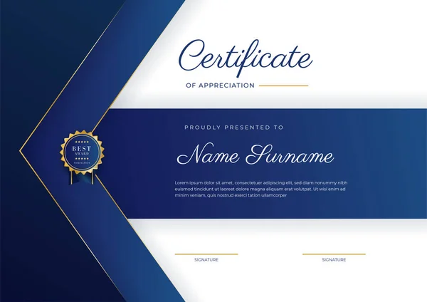 Blue Gold Certificate Achievement Border Template Luxury Badge Modern Line — Wektor stockowy