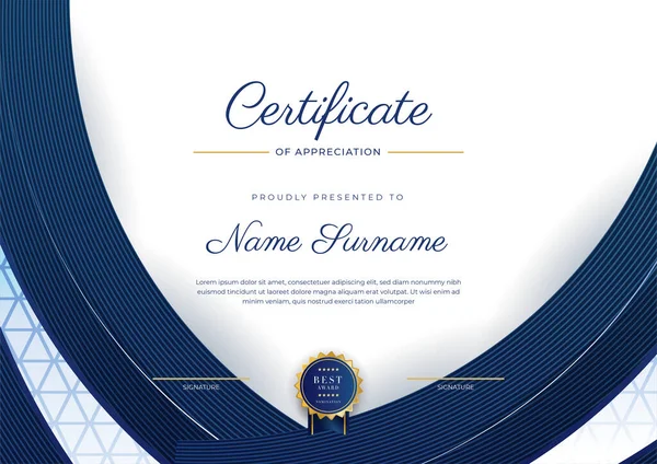 Modèle Frontière Certificat Réussite Bleu Avec Badge Luxe Motif Ligne — Image vectorielle