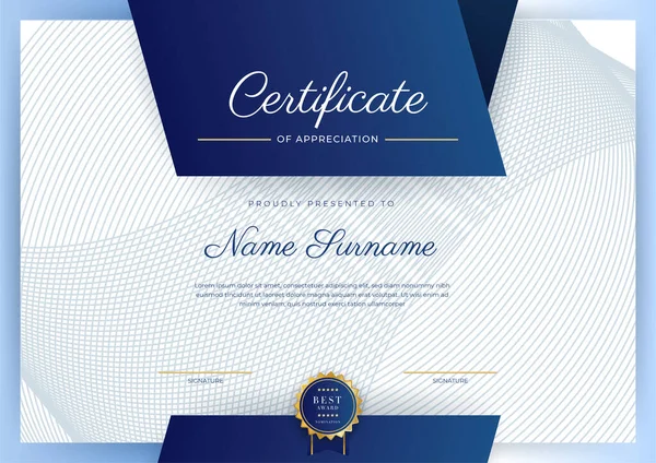 Certificado Azul Dourado Modelo Fronteira Realização Com Crachá Luxo Padrão —  Vetores de Stock