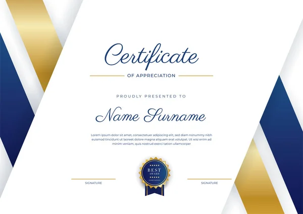 Blue Gold Certificate Achievement Border Template Luxury Badge Modern Line — Vettoriale Stock