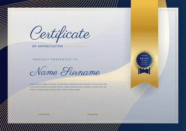 Blue Gold Certificate Achievement Border Template Luxury Badge Modern Line — Stock vektor