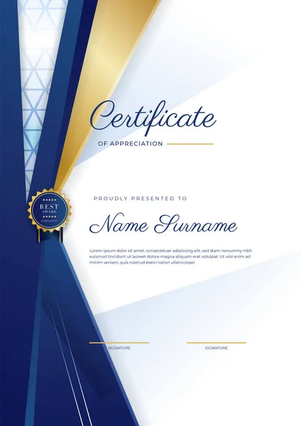Синій Золотий Сертифікат Досягнень Шаблон Кордону Розкішним Значком Сучасним Лінійним — стоковий вектор