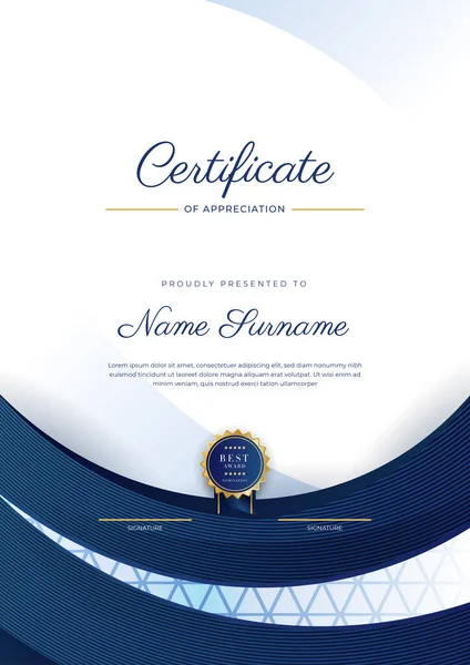 Blue Gold Certificate Achievement Border Template Luxury Badge Modern Line — Stok Vektör