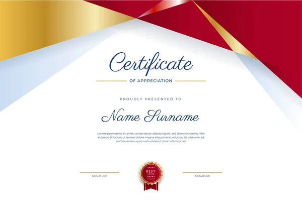Certificado Vermelho Dourado Modelo Fronteira Realização Com Crachá Luxo Padrão —  Vetores de Stock