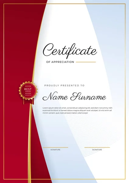 Certificado Rojo Dorado Plantilla Frontera Logro Con Insignia Lujo Patrón — Vector de stock