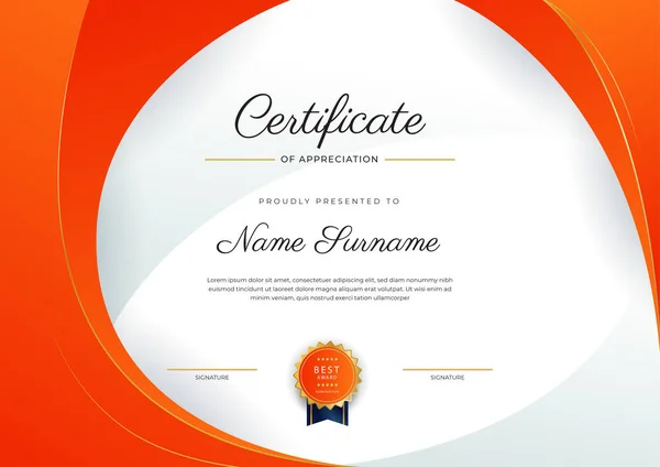 Plantilla Borde Azul Naranja Oro Certificado Logro Con Insignia Lujo — Vector de stock