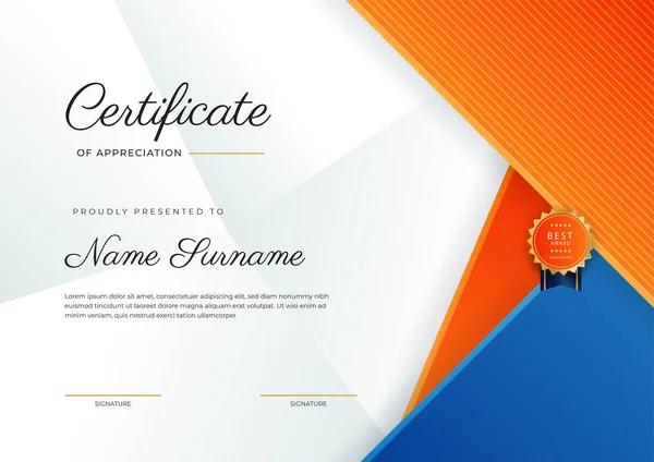 Plantilla Borde Azul Naranja Oro Certificado Logro Con Insignia Lujo — Archivo Imágenes Vectoriales