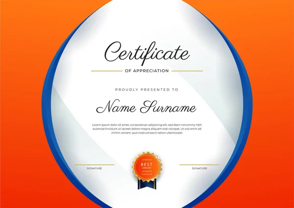 Blue Orange Gold Certificate Achievement Border Template Luxury Badge Modern — Vetor de Stock