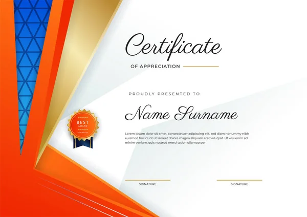 Blue Orange Gold Certificate Achievement Border Template Luxury Badge Modern — стоковый вектор