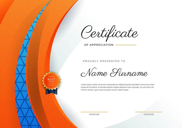 Blue Orange Gold Certificate Achievement Border Template Luxury Badge Modern — Wektor stockowy