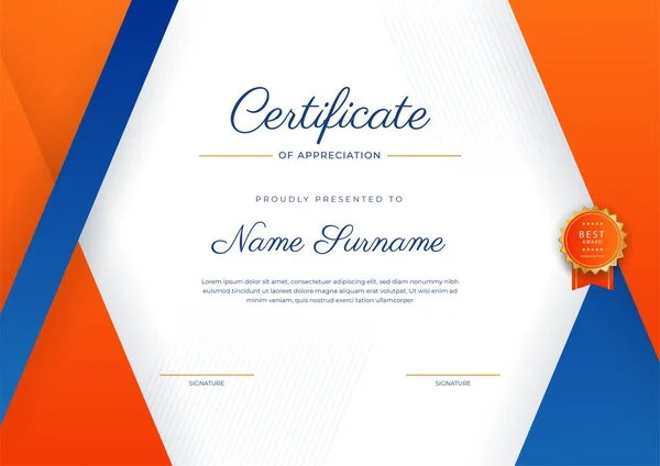 Blue Orange Gold Certificate Achievement Border Template Luxury Badge Modern — ストックベクタ