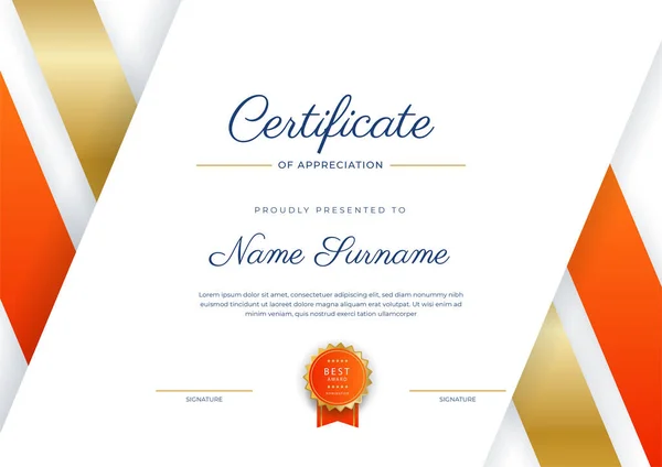 Plantilla Borde Azul Naranja Oro Certificado Logro Con Insignia Lujo — Vector de stock