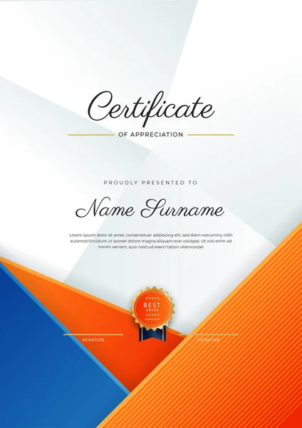 Niebieski Pomarańczowy Złoty Certyfikat Osiągnięcia Szablonu Granicy Luksusową Odznaką Nowoczesnym — Wektor stockowy