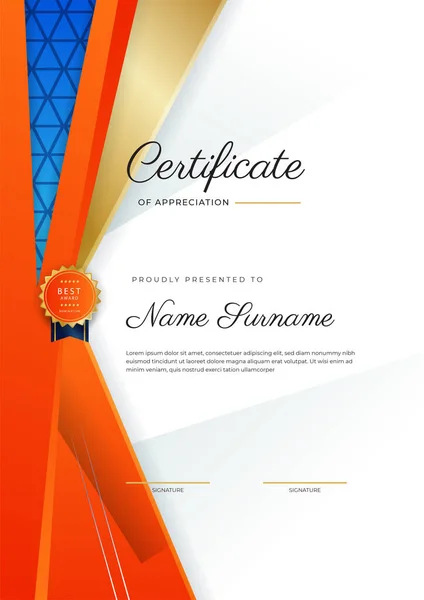 Blue Orange Gold Certificate Achievement Border Template Luxury Badge Modern — Stock vektor