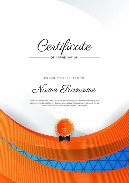 Blue Orange Gold Certificate Achievement Border Template Luxury Badge Modern — Stok Vektör