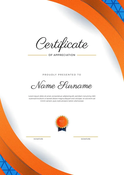 Blue Orange Gold Certificate Achievement Border Template Luxury Badge Modern — Stockvektor