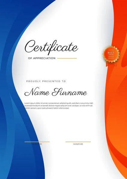 Blue Orange Gold Certificate Achievement Border Template Luxury Badge Modern — Stockvector