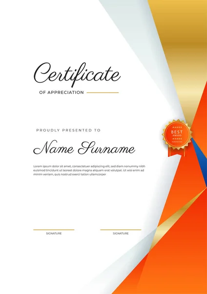 Blauw Oranje Gouden Certificaat Van Prestatie Border Template Met Luxe — Stockvector