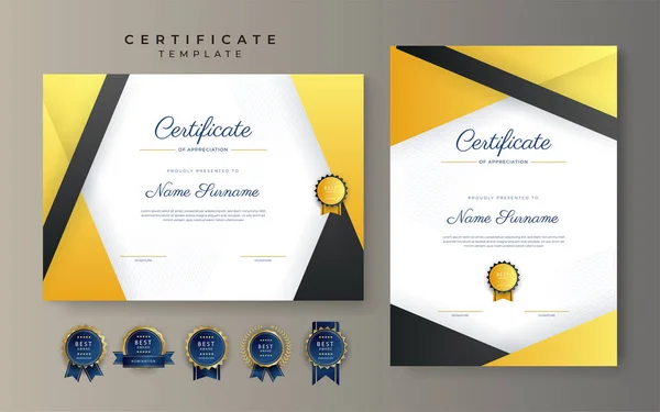 Plantilla Borde Logro Certificado Amarillo Anaranjado Negro Con Insignia Lujo — Vector de stock