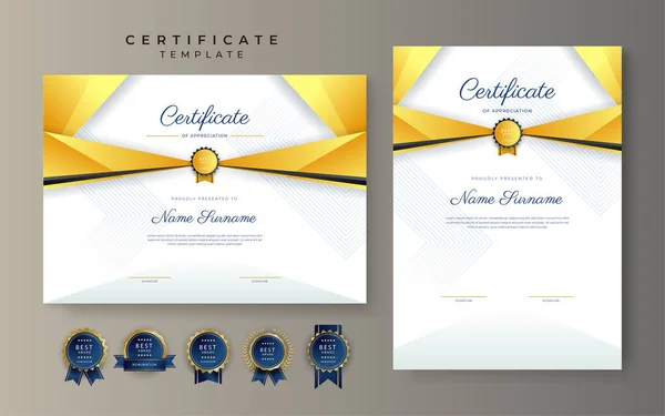 Plantilla Borde Logro Certificado Amarillo Anaranjado Negro Con Insignia Lujo — Vector de stock