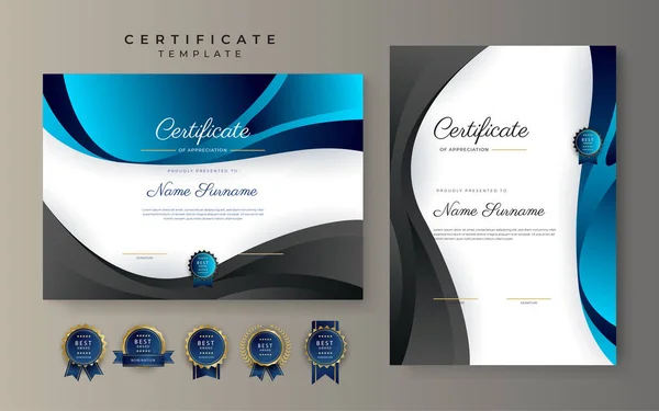 Modèle Frontière Certificat Réussite Bleu Noir Avec Badge Luxe Motif — Image vectorielle