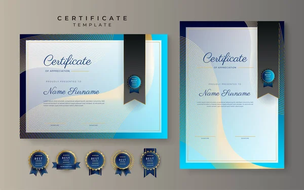 Modèle Frontière Certificat Réussite Bleu Noir Avec Badge Luxe Motif — Image vectorielle