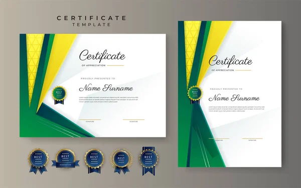 Modèle Frontière Certificat Réussite Vert Jaune Avec Badge Luxe Motif — Image vectorielle