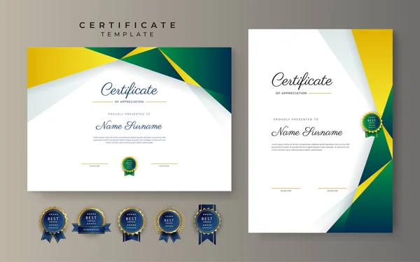 Zelený Žlutý Certifikát Dosažení Hranice Šablony Luxusním Odznakem Moderní Linie — Stockový vektor