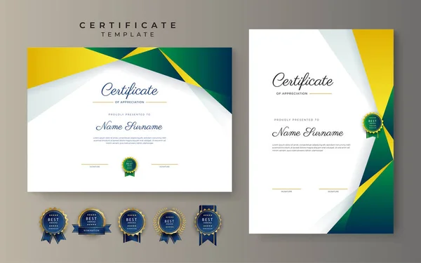 Modèle Frontière Certificat Réussite Vert Jaune Avec Badge Luxe Motif — Image vectorielle