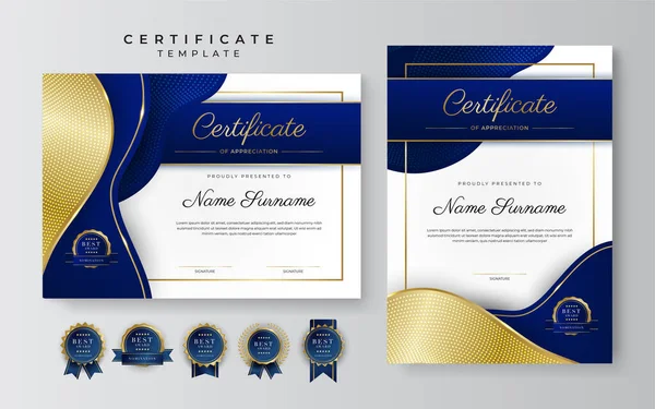 Plantilla Borde Azul Dorado Certificado Logro Con Insignia Lujo Patrón — Archivo Imágenes Vectoriales