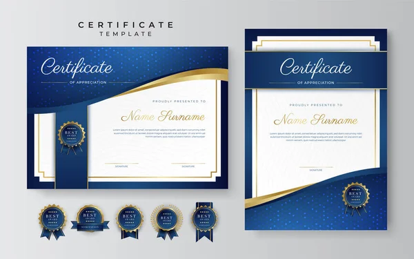 Modèle Frontière Certificat Réussite Bleu Avec Badge Luxe Motif Ligne — Image vectorielle