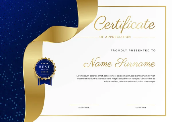 Blauw Goud Certificaat Van Prestatie Border Template Met Luxe Badge — Stockvector