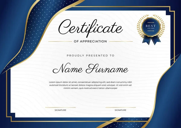 Blue Gold Certificate Achievement Border Template Luxury Badge Modern Line — стоковый вектор
