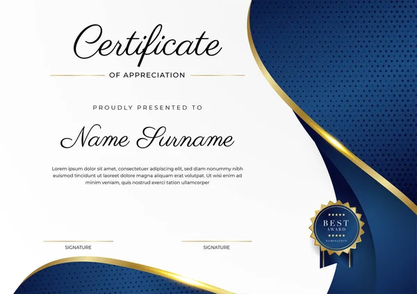 Blue Gold Certificate Achievement Border Template Luxury Badge Modern Line — Stockvektor