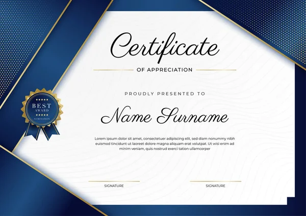 Blauw Goud Certificaat Van Prestatie Border Template Met Luxe Badge — Stockvector