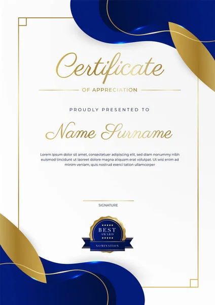 Blue Gold Certificate Achievement Border Template Luxury Badge Modern Line — Stok Vektör