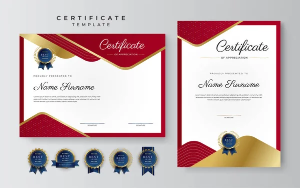 Certificado Rojo Dorado Plantilla Frontera Logro Con Insignia Lujo Patrón — Archivo Imágenes Vectoriales