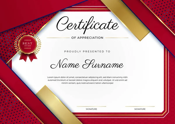 Red Gold Certificate Achievement Border Template Luxury Badge Modern Line — Wektor stockowy