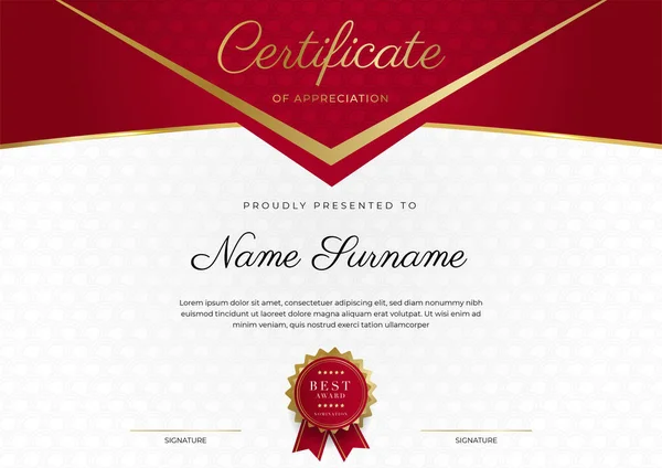 Červený Zlatý Certifikát Dosažení Hranice Šablony Luxusním Odznakem Moderní Linie — Stockový vektor
