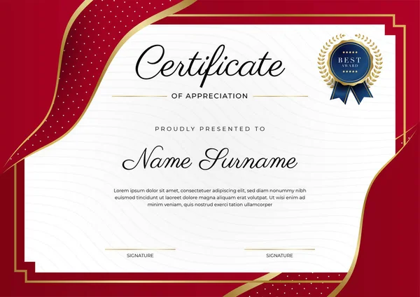 Червоний Золотий Сертифікат Досягнень Шаблон Кордону Розкішним Значком Сучасним Лінійним — стоковий вектор