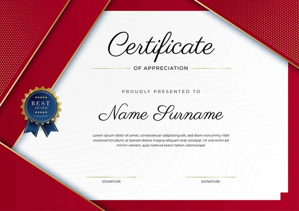 Red Gold Certificate Achievement Border Template Luxury Badge Modern Line — Stockvektor