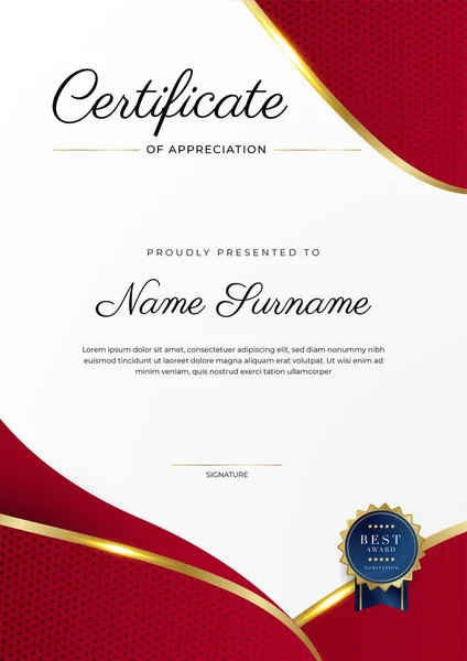 Rood Goud Certificaat Van Prestatie Grens Template Met Luxe Badge — Stockvector