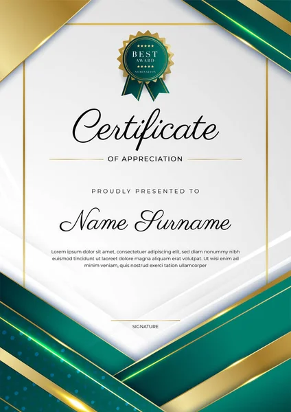 Yeşil, siyah ve altın sertifikalı, lüks rozetli ve modern çizgili sınır şablonu. Ödül, iş ve eğitim ihtiyaçları için