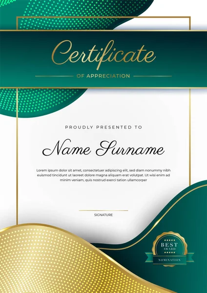 Certificado Preto Dourado Verde Modelo Fronteira Realização Com Crachá Luxo — Vetor de Stock