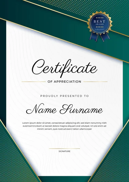 Yeşil, siyah ve altın sertifikalı, lüks rozetli ve modern çizgili sınır şablonu. Ödül, iş ve eğitim ihtiyaçları için