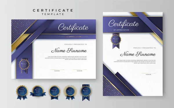 Roxo Violeta Certificado Ouro Modelo Fronteira Realização Com Crachá Luxo — Vetor de Stock